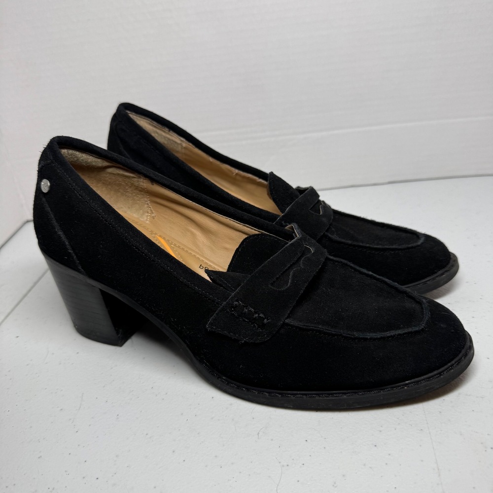 Hush Puppies PW-LOLLLY Black Suede Block Heel Loafer Shoes Sz 10M Leather Preppy